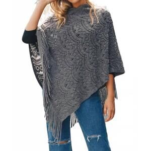 NEW LETO cozy scallop lace poncho in gray